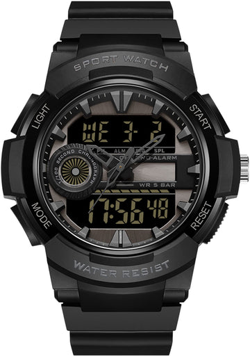 Findtime Men Analog Digital Sports Watch, Large Face Dual Display 5ATM Waterproof Stopwatch for Men Military Outdoor Tactical Army Wristwatch LED 12/24H